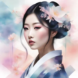 Create a double-exposure portrait of a Japanese courtesan, blending soft, pastel watercolor splashes and gentle light effects with delicate geometric shapes and lines. The portrait should have a dreamy or ethereal ambiance, characterized by lighter, pastel patterns and subtle geometric shapes overlapping or merging with her form. Include soft, pale flowers superimposed on geometric lines. This artwork should convey a more serene and tender expression of the multifaceted nature of the human spiri