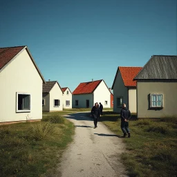 Fotografia di strada assurda e falsa Vlkolínec, persone Non luogo falso, vivace, inusuale. Max Ernst. Case contadine Slovacchia. Ci sono finestrelle false quadrate, che danno un senso distopico e molto surreale, disposte in modo casuale. L'atmosfera generale sembra noiosa e onirica, con un contrasto tra elementi reali ed elementi dipinti falsi, on the shore, René Magritte, oddest things