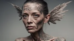 Woman Body: torn Skin: heavily tattooed Extremities: emaciated Face: wrinkled Hair: oily Eyes: hazel Nose: straight Mouth: small lower lips Height: towering Supernatural trait: wings