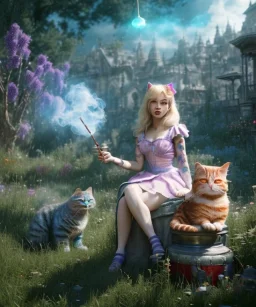 Ultra realistic wonderland photo, happy blonde woman smoking a shisha, blue dress, purple-cat friend, circus dress style, old school tattoo, smoke, marijuana garden, glow eyes, perfect iris, soft color, highly detailed, unreal engine 5, cinematic, ultra detail, volumetric lighting, high definition.