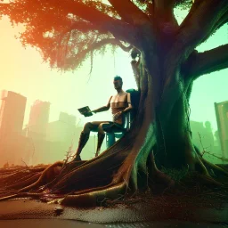 Cyberpunk theme, portrait of Oak tree roots holding man inside, misty sunny day, close-up portrait, symbios