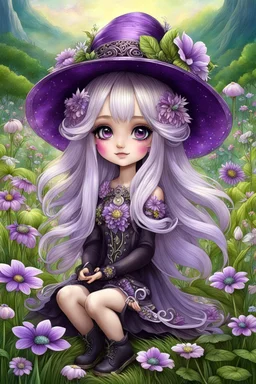 cute happy fairy girl with little wings and rounded ((purple eyes)), big long silver hair, sitting her nice hat a tiny black (kitty with green eyes) , chibi, 3d anime character, detailed, fantasy style, nice picture in the big meadow with pale colors flowers