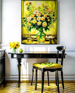 beautiful art print features yellow flowers in a chinoiserie vase sitting on a table, with black ladderback chair in background Modifiers: oil on canvas beautiful dynamic lighting crisp quality colourful acrylic art still life luminism Gustave Klimt style raw beautiful oil on canvas beautiful oil on canvas oil on canvas