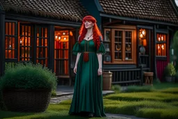 Full body shot of a tall slim pretty, red-headed young female witch, casting magical glowing symbols into the air, dressed in a long flowing green dress, standing in front of a row of cottages and shops with thatched roofs