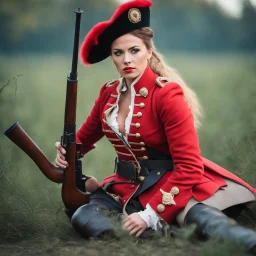 pretty polish woman wearing 18th century red military uniform. curvy body. hair in ponytail. thick thighs. wearing booty shorts. wearing knee high boots. she is kneeling and hiding in trench. she is holding a musket gun. she is ready to fire gun. location is battlefield.