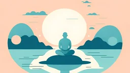 Create a minimalist, flat-style illustration capturing the essence of mindful meditation. Depict a character meditating in a natural setting using the chosen color palette - #87CEEB for a celestial sky, #00CED1 for tranquil waters, and #2C363F for grounding elements. Infuse a subtle grain texture for added depth. Emphasize simplicity and tranquility, portraying the transformative and holistic nature of the meditation experience.