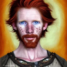 Portrait of young Courtney Gains as a ruggedly handsome, joyful, roguish pirate, charismatic, attractive male, masculine, perfect, precisely detailed clear eyes, unblemished, flawless skin, softly freckled face; meticulously detailed multi-hued ginger carrot-colored cherry fire red hair; fantasy, intricate, elegant, highly detailed, digital painting, concept art, matte, sharp focus, illustration, art by artgerm and greg rutkowski and alphonse mucha