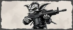 air brush 3d with pen outline, mongrel goblin gremlin holding uzi, charcoal border