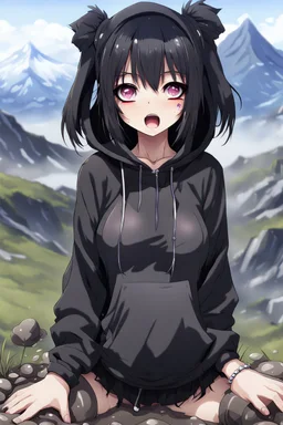 Closeup anime women goth with big eyes, fullbody, ragged clothes, slime, the perspective looking down, rolling eyes, tongue out, open mouth, croppedhoodie, underboob, mountainous horizon, 1girl, bangs, black hair, blind, grey eyes, hair between eyes, hair bun, hairband, short hair, mud drip, cropped hoodie underboob, cropped hoodieunderboobhoodie