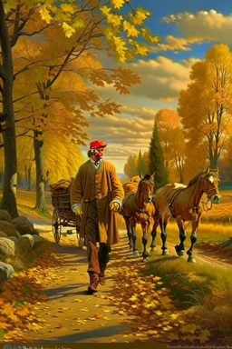 Fascinating, ultra-realistic nature in the photo. Golden autumn. A 32-year-old Russian man in the clothes of a 19th-century landowner in Russia walks along the path with his head raised to the sky, a smile on his face. He is FOLLOWED by a cart drawn by three horses with a coachman. In the background is the Russian estate of a 19th-century nobleman.