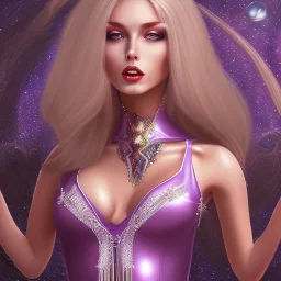 alluring slim witch of darkness in tight purple dress with very long brown hair and blonde bangs