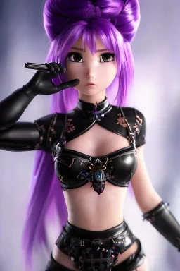 Detailed cute anime Kunoichi girl, purple hair buns, purple bangs, black latex bodysuit, intricate details, full body portrait, keep head in frame, slight smile, black Japanese motif, concept art, highly detailed, digital painting, concept art, sharp focus, illustration, art by Yoji Shinkawa, WLOP and greg rutkowski and alphonse mucha and artgerm and yanjun Chen and Junji ito and Makoto Shinkai, HDR, octane render