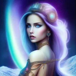 beautiful woman with long hair look the stars and northern aurora blue turquoise lights, blue, pink,