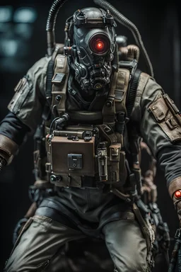 Mind Bending View.Photorealistic,Ultra Detailed, Close up Portrait .Gloomy,dark mode,Product photography, Ghost Buster unit, evil, dark arts,Dynamic Action Pose,Ghost BusterTabletop RPG Full-Figure Unit, Intricately painted by: Roman Lappat, Gritty Cyberpunk Aesthetics, Full figure, RPG Unit, [Biomechanical enhancements:1.4] and a critter , RPG Gritty Dystopian Cyberpunk Jungle,Imax Film ,hyperrealistic