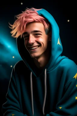 An androgynous young man with tousled pink hair and golden eyes floating among the stars wearing a light blue hoodie and black board shorts. He is smiling softly and holding a star in one hand.