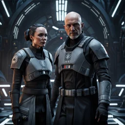 a bold and heroic bald male Corellian pilot in black and grey First Order special forces gear meets a female Jedi Master in ancient, mystical temple, hyperdetailed, dynamic lighting, hyperdetailed background, 8k resolution, volumetric lighting, light skin, fully symmetric details