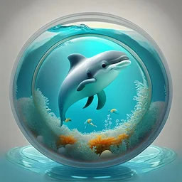 A cute little dolphin in a small circular fish tank.