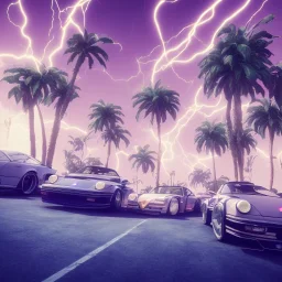 1980's aesthetic vaporwave palm trees and spheres and Porsche with lightning