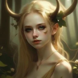 pretty girl, aged 19, blonde, conventionally attractive, dreamy, faun, satyr