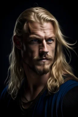 portrait of a handsome 30 year old viking man, long blond hair, tall, ripped, strong, sportive, casanova, dark blue