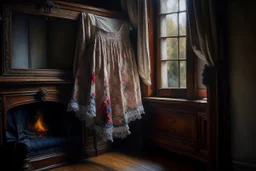 A beautiful romantic ruffled dress, decorated with beautiful embroidered flowers and lace, hanging on a hanger in a bedroom by the fireplace, in the light of the fireplace, Hyper realistic, oil on canvas award winning fantastic view ultra detailed acrylic art Ultra realistic Impressionism Surrealism simen johan, sharp focus intricate oil on canvas cinematic lighting photorealistic high detail ultra detailed crisp quality colourful