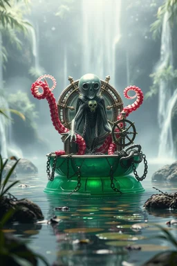 action figure of a glossed an transparent chained and crucified alien necrophyte electric octopus necromancer on round swamp transparent glass obcidian boat beholder eye wheel throne in a charged foggy jungle starry waterfall, blur background to make character pop out