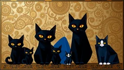 create six stylized angular cats in various sizes, arranged against an ornate, textured background with swirling mosaic-like gold and bronze patterns. Glowing amber/yellow eyes contrast with their dark bodies — one large black cat, one blue-tinted cat, smaller cats in indigo and charcoal tones, one with a white face. Modern geometric style, simplified shapes. Background inspired by Byzantine art and stained glass, intricate metallic textures. Decorative, elegant, luminous atmosphere --ar 3:2 --v