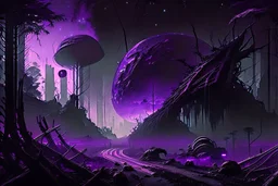 Intact & Functional Sci-fi Colony, Alien Planet Corrupted Forest, Dense Purple Fog, Dead Soil, Broken Roads ,Black Night Sky, Stars, Space, Distant Planets