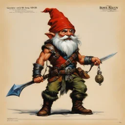 ConceptSheet [by Boris Vallejo]: gnome rogue and his sling with AD&D statistics