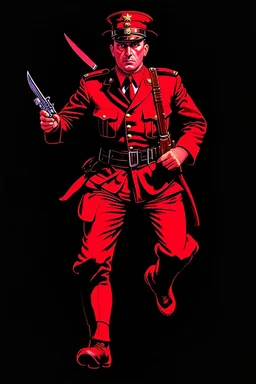 poster of a german soldier(uniform and face based on racist steriotypes) running towards viewer, a knife i one hand, and a gun(barrel pointing at viewer) in the other. retro poster monochrome with white background