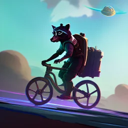 A raccoon astronaut riding a rainbow bike on a mission to gather space trash, jumping over asteroids as he goes.