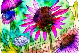 Create a surreal abstract watercolor and ink painting of an Echinacea in a garden. In the style of Paul Klee, Picasso, Matisse. Geometric. Map like qualities. Modifiers: elegant intricate beautiful high detail high definition crisp quality colourful zentangle