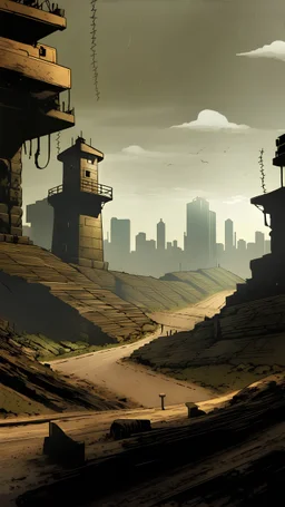 comic book style zombie apocalypse fortified bunker. Tall walls with military watchtowers, barbed wire fences. Post apocalyptic city setting. Road leading up to it. Night, rain