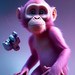 pixar style anamorphic cute monkey baby, gangsta black neckless, full body, magenta puffer jacket, manila city backdrop, dramatic lighting, hyper-realistic, unreal engine 5, 16k. full detailed,