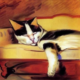 oil portrait of tricolor pattern Cat sleeping in a sofa by Joaquín Sorolla 8k