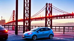 A Tesla's 'Model S Plaid' is doing donuts, over the 'Pier 39', in San Francisco. CINEMATIC. WIDE ANGLE LENS.