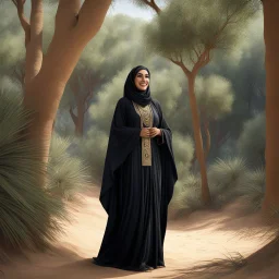 an Arabic woman wanderer, a female Dharma Bum of the desert, smiling but lost amidst the towering trees and tangled undergrowth of a mysterious forest. Clad in her traditional revealing Abaya and expensive headscarf, symbols of his heritage and identity, the Arabic wanderer stands at a crossroads of worlds, her eyes reflecting the flickering shadows of the forest canopy above.