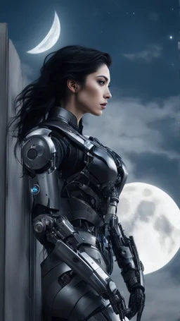 Fantasy Photo Of A Woman With Black Hair, Wearing A robot-looking suit, standing sideways On A Ledge of a building, With A waning moon Behind Her Head