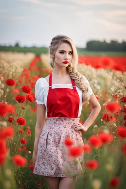 Beautiful russian girl, blonde hair, bold lipstick, flower field, braided bangs, braided bobcut, solo, apron,thick thighs, side-tie panties, black hair, 18yo,(on back:1.2) ,red dress, portrait