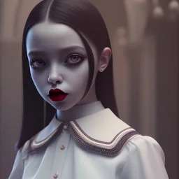 Jenna ortega as Wednesday addams,Short-Sleeve Peter Pan Collar Dress,vampy lipstick, hyper detail, octane render, unreal engine 5, photorealistic, 8k resulation