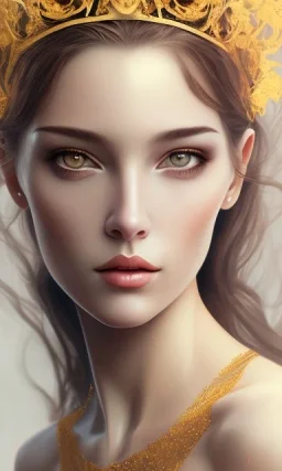 Portrait of beautiful women, correct facial symmetry, golden crown, dark brown hair, dark background, white flowers, loish style, painting, 8k, colorful, brush strokes,