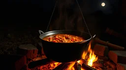 looking slightly down onto a delicious stew bubbling in a large iron cauldron suspended over the heat of a wood fire, outside, night, stars, moon, award-winning photograph, beautiful composition, exquisite detail and illumination