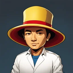 Gustavo Petro, comic style artwork, dark yellow, black, red and blue, with wide-brimmed hat, with white shirt, calm, chibi