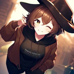 Clear focus, High resolution, short brown spiky hair, hair between eyes, eyes closed, wearing a brown detective hat, wearing a brown jacket and a black shirt, wearing black shorts, 1girl, pulling hat down, smiling, wearing a oversized hoodie