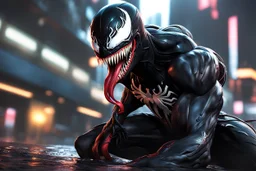 Venom in 8k cgi game drawing style, spawn them, close picture, rain, neon, intricate details, highly detailed, high details, detailed portrait, masterpiece,ultra detailed, ultra quality