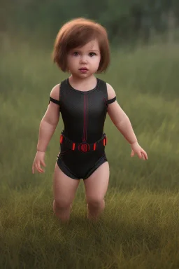 Black widow toddler, serious, full body, bokeh, hyper realistic