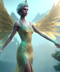 A crystalised queen, atmospheric, realistic, unreal engine, cinematic lighting, octane render, transparent long dress, blonde, full body, wings