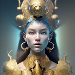 fantasy magic, intricate, sharp focus, illustration, highly detailed, digital painting, concept art, matte, art germ and Paul Lewin and Kehinde Wiley, masterpiece silver elephant head bronze Buddha Asian girl nice breast turquoise golden waves