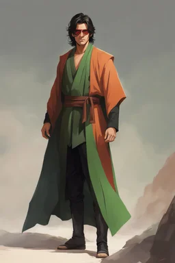 Full Body, Male Tan Human, Jedi Order, Red Blindfold, Green and Black Robes, Handsome face, Black hair.