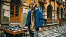 short beard man with cap, DJ play records ,at medieval city street background, full body